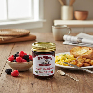 A rustic kitchen table set for breakfast with a jar of  Mrs. Miller's Homemade Double Raspberry Mixed Fruit Jelly, a bowl of Black and Red Raspberries, and a plate of scrambled eggs, toast, and potatoes.