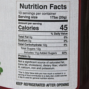 Nutrition Facts for a 9 oz. jar of Mrs. Miller's Homemade Red Currant Jelly