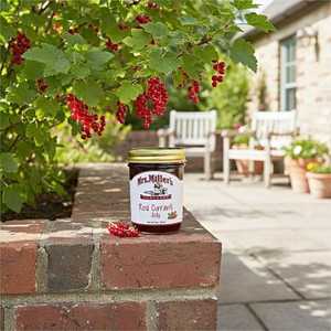 A jar of Mrs. Miller's Homemade Red Currant Jelly on a brick garden patio wall with a Red Currant bush above it on a beautiful sunny morning.