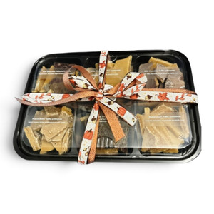 Six Flavor Homemade Toffee Sampler Gift Box with seasonal bow now available to ship when ordered at harvestarray.com.