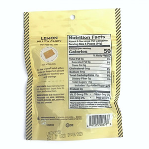 Close up of the Back of the Package of Hammond's Lemon Pillow Drops with ingredients, Allergens, and Nutrition info.