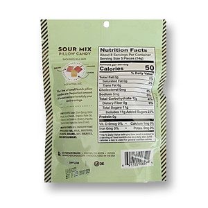 Close up of the Back of the Package of Hammond's Natural Sour Pillow Drops with ingredients, Allergens, and Nutrition info.