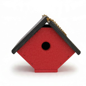Poly wren house - red with black roof with chain to hang from a tree