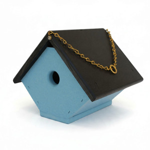 Side angle of the baby blue poly wren house with a black roof