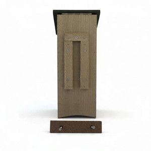 Image of the back of the beige with a green roof poly birdhouse to display how to hang it.
