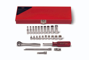 1/4" Drive 25 Piece Set: 6 Pt Std Sockets 5/32"-1/2", 6 Pt Deep Sockets 3/16"-1/2", 12 Pt Deep Socket  9/16", Ratchet, Spinner, Univ, 2" & 6" Ext