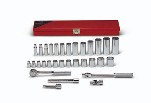 3/8" Drive 31 Piece Metal Boxed Set - 6 Point Standard & Deep Sockets, 1/4" - 1", Ratchet, Flex Handle, 3", 6" Extensions, Universal