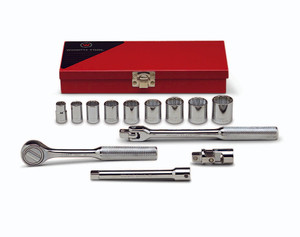 3/8" Drive 13 Piece Metal Boxed Set - 12 Point Standard Sockets, 3/8" - 7/8", Ratchet, Flex Handle, 6" Extension, Universal