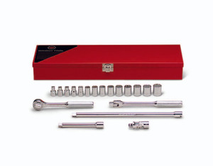 3/8" Drive 19 Piece Metal Boxed Set - 6 & 12 Point Standard Metric Sockets, 6mm - 19mm, Ratchet, Flex Handle, 3", 12" Extensions, Universal