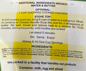 Ingredients and directions for Evelyn's Elegant Edibles Classic Chicken Noodle Soup Mix