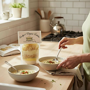 Evelyn's Elegant Edibles Creamy Potato Soup Mix in a rustic kitchen setting with two bowls of made soup. Order this soup mix now at harvestarray.com.