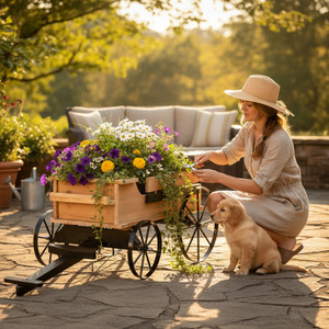 Woman tending flowers in a small handcrafted Amish wooden hitch wagon planter with a puppy at her side on a sunny patio