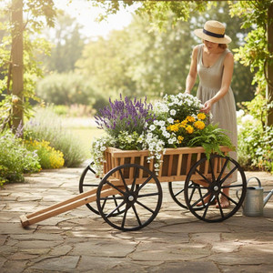 Woman tending flowers in a wooden garden wagon planter with black metal wheels on a sunny patio