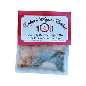 Evelyn's Elegant Edibles Devilishly Delicious Spice Mix packet. Order today at harvestarray.com