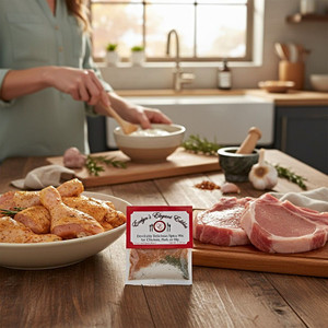 Chicken and pork seasoned with Evelyn's Elegant Edibles Devilishly Delicious Spice Mix. Make an easy and delicious meal with an order from Harvest Array.