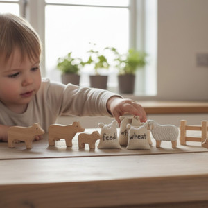 A child playing with toy feed sacks and wooden farm animals. Sold in a set of 6 sacks only.