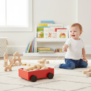 Red Wooden Wagon with wooden blocks and pull string, No Batteries Required.