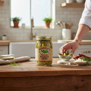 Pickled okra jar on a rustic kitchen counter with fresh herbs, cheese, and a hand serving okra into a small bowl.
