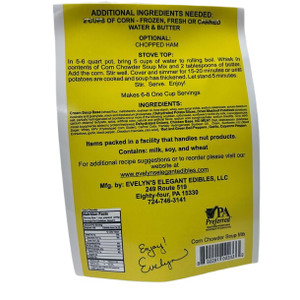 Back of the label of Evelyn's Corn Chowder containing important information.