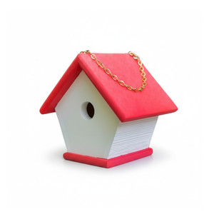 Side angle view of White and Red Wren Birdhouse.  Shop harvestarray.com