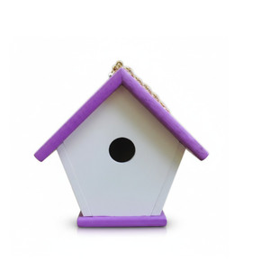 Front view of White and Purple Wren Birdhouse.  Beautifully made.