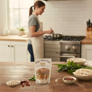 Evelyn's Elegant Edibles White Bean Chicken Chili Mix being made into a hearty meal in a farmhouse style kitchen. Order this Chili Mix from Harvest Array.