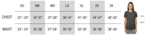 Sizing chart for Women's Tri Blend Short Sleeve Tees