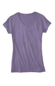 Front view of a USA made Women's 50/50 Blend V-Neck T Shirt-heather purple