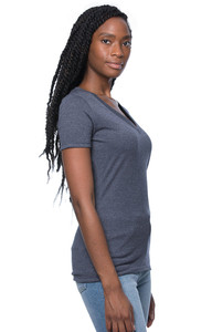 Side view of heather indigo Women's 50/50 Blend V-Neck T Shirt