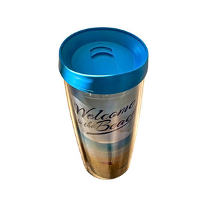 Blue Lid on the Welcome to the Beach 16 ounce Tumbler at Harvest Array.