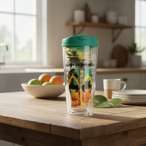 Escape to paradise, 16 ounce Tumbler with Lid, next to a bowl of citrus fruit on a rustic wooden counter top in a country style kitchen.