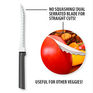 Rada Tomato Slicer has a no squishing serrated blade. Made in the USA