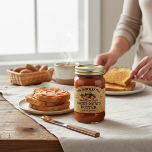 Sweet potato butter jar on a wooden table with toasted bread, a spreading knife, and a warm cup of coffee in a bright kitchen setting.