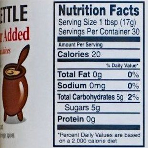 Nutrition facts label showing calories, sugars, carbohydrates, and serving size for this apple butter.