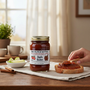 No-granulated-sugar-added apple butter jar on a wooden table with sliced apples, cinnamon sticks, and toast being spread.
