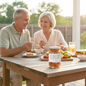 A couple enjoying a jar of Watermelon Rind from Annie's Kitchen with their lunch outside on the back porch, on a summer day.