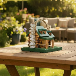 Amish made wooden log cabin birdhouse with green roof displayed on outdoor patio table in garden setting.