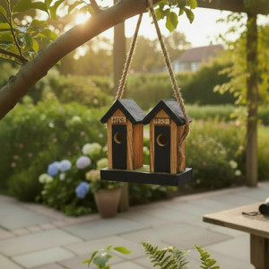 Amish handmade black double outhouse wooden birdhouse with red roofs hanging from a garden tree.