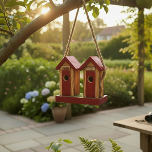 Amish handmade red double outhouse wooden birdhouse with red roofs hanging from a garden tree.