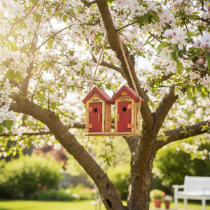 Amish made red double outhouse birdhouse hanging in a flowering tree for rustic backyard garden décor.