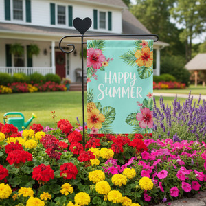 Decorative garden flag with Summer tropical flowers theme in front of a house with 'Heart' Emblem on Flag Holder. Flag is not included.
