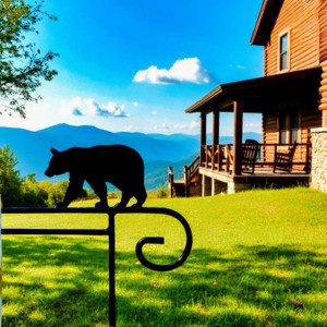 Metal Garden Flag Holder with Decorative Bear Emblem on top.