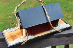 Top view of the Amish made covered bridge birdhouse.
