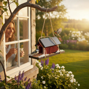 Amish made covered bridge birdhouse hanging from a tree branch with birds feeding outside a cottage window at sunset