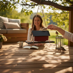 Amish-made covered bridge birdhouse hanging from tree with birdseed and birds in a backyard garden setting.