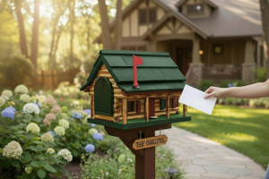 Green Amish handmade log cabin wooden mailbox with flag receiving mail in a landscaped front yard.