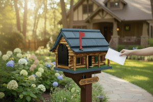 Blue Amish handmade log cabin wooden mailbox with flag receiving mail in a landscaped front yard.
