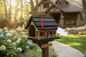 Black Amish handmade log cabin wooden mailbox with flag receiving mail in a landscaped front yard.