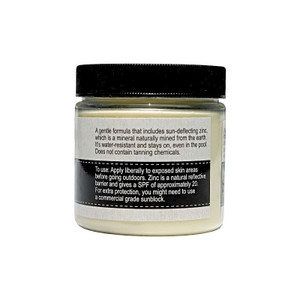 Our zinc based, all natural sunscreen is a natural reflective barrier that gives an SPF of about 20. Ideal for daily use.