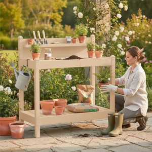 Potting Bench with 3 Shelves - mocha color PVC. Have one delivered to your door when you order from Harvest Array!